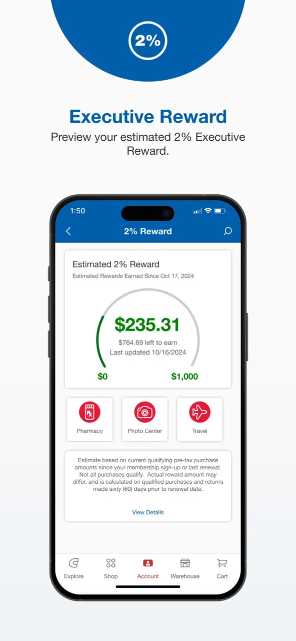 Costco mobile app showing executive member reward balance and quick links to pharmacy and travel services