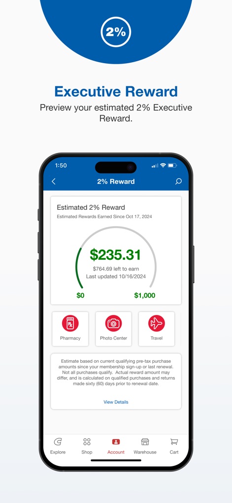 Costco - Users can effortlessly monitor their 'Estimated 2% Reward' with a clear progress bar and access direct links to related services such as the 'Photo Center' and 'Travel'.