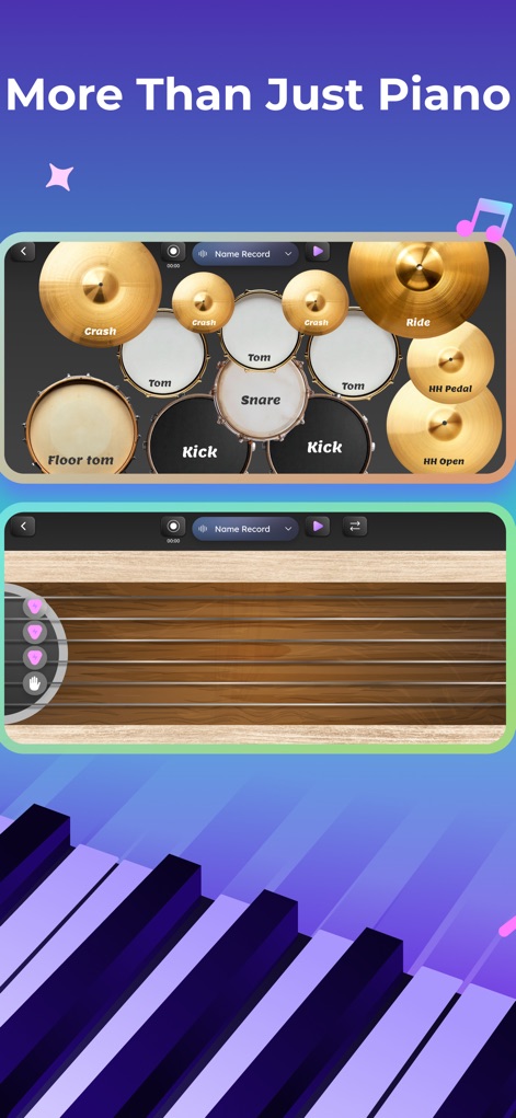 Trioplay: Piano - Learn & Game - Beyond piano, users can explore a realistic drum set layout for rhythm creation and an interactive guitar fretboard for strumming melodies.