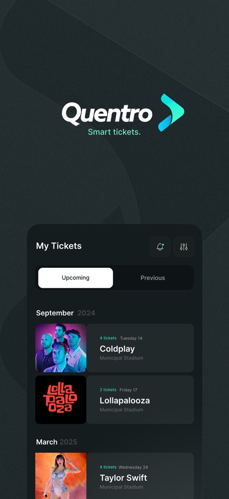 Quentro - The app offers a personalized 'My Tickets' overview, meticulously organizing events by 'Upcoming' and 'Previous' tabs for streamlined access.