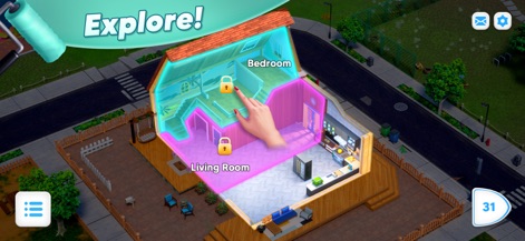 Modern Community - Les utilisateurs sont encouragés à débloquer et à explorer de nouvelles zones de la maison, comme le montrent les pièces verrouillées en attente de rénovation et la mise en évidence des sections à découvrir pour étendre l'expérience de jeu.