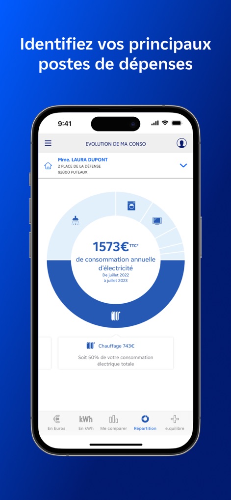 EDF & MOI - L'application présente une répartition annuelle de l'électricité consommée et identifie les équipements majeurs comme le chauffage contribuant aux dépenses énergétiques.