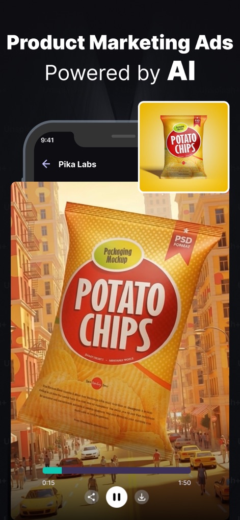 Pika Labs: AI Trend Effects - Visualisez des publicités marketing percutantes générées par IA, avec des packagings de chips détaillés et des scènes de rue animées.