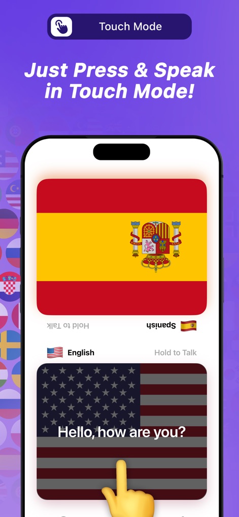 AirTranslator AirPod Translate - La imagen resalta el modo "Touch Mode", donde la frase "Hello, how are you?" aparece bajo la bandera de EE. UU. y un dedo animado indica la interacción táctil.