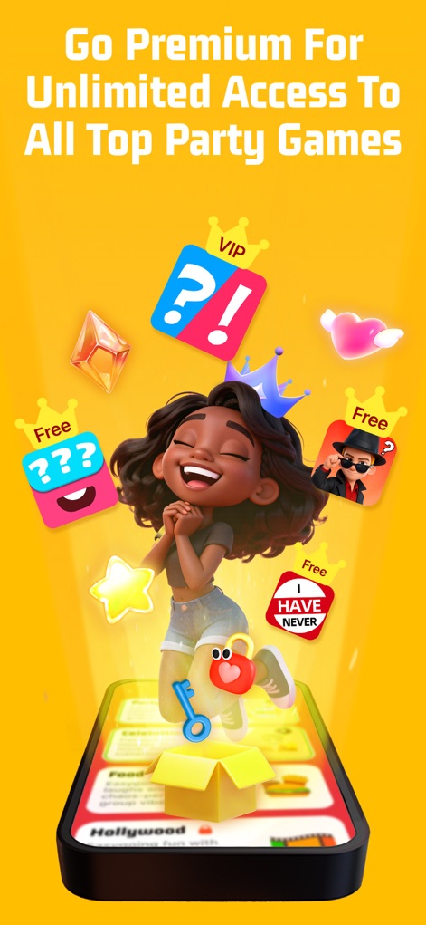 Truth or Dare?Spicy Dirty game - Questa immagine mostra l'opportunità di sbloccare funzionalità premium, dove una figura gioiosa celebra l'accesso illimitato a tutti i giochi, simboleggiato da diverse icone di gioco che emergono da un telefono.