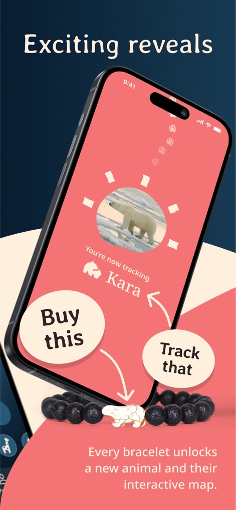 Fahlo Animal Tracker - Viene mostrata la fase di "Exciting reveals", dove l'acquisto di un braccialetto a tema animale sblocca la capacità di tracciare un animale specifico, come l'orso polare Kara sulla mappa interattiva.
