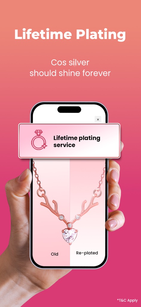GIVA: Silver & Gold Jewellery - The app proudly showcases its unique lifetime plating service, demonstrating how silver jewellery can be restored from an 'Old' appearance to a 'Re-plated' shine.