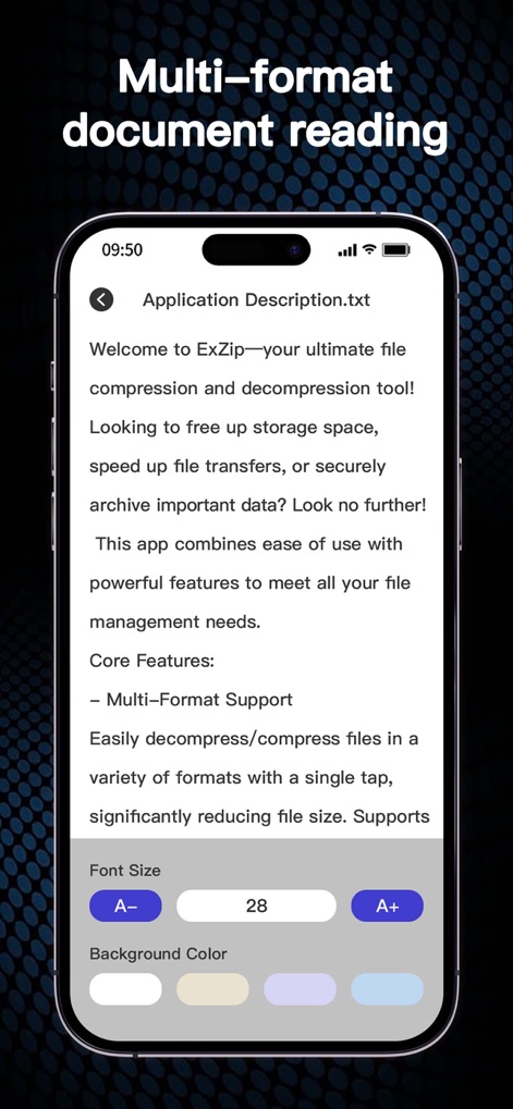 Zip, RAR, 7z File Extractor - This tool offers a flexible text reading experience, featuring easy font size adjustments and multiple background color options for personalized comfort.