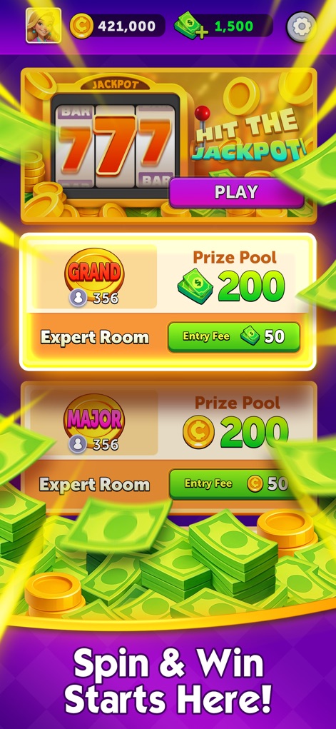 Cash Carnival - Win Real Money - Los usuarios exploran la interfaz principal, que muestra una máquina tragaperras atractiva que anuncia 'Hit the Jackpot!' y la opción de elegir entre salas 'Grand' y 'Major'.