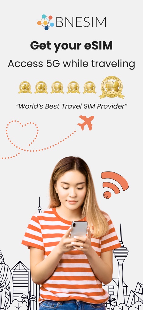 BNESIM: 5G eSIM Data profiles - このアプリは、ユーザーが旅行中に高速インターネットに接続できることを示しています。複数のアワードロゴと「World's Best Travel SIM Provider」のテキストが、その信頼性を強調しています。