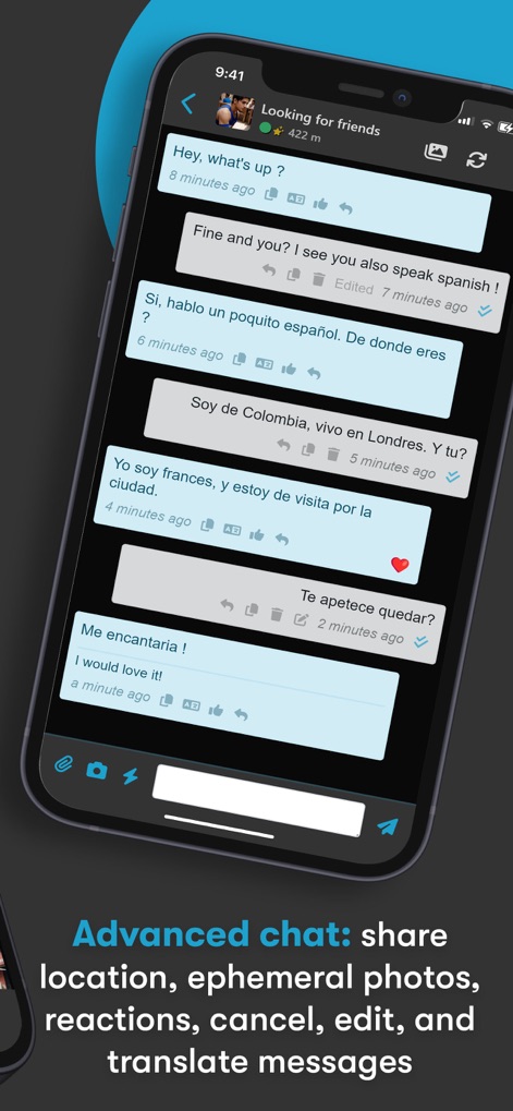 Omolink App - このスクリーンショットは、多言語でのチャット履歴を明確に表示しており、ユーザーは会話を簡単に追うことができます。また、メッセージ送信や編集、さらには翻訳オプションなど、多様なアイコン群が高度なコミュニケーション機能を提供します。