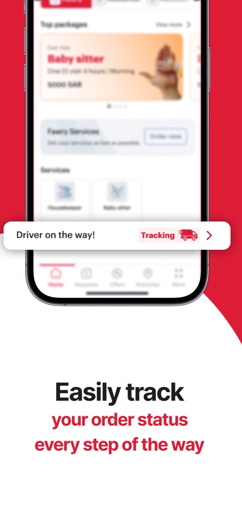 Hemah | همه - Users benefit from real-time convenience, with instant 'Driver on the way!' notifications and a dedicated 'Tracking' feature to monitor service progress.