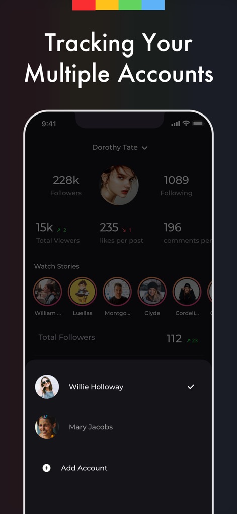 Reports Unfollowers Followers+ - Die App ermöglicht die zentrale Verwaltung 'Multiple Accounts' und bietet eine einfache 'Add Account'-Funktion, um alle Instagram-Profile unter Kontrolle zu behalten.