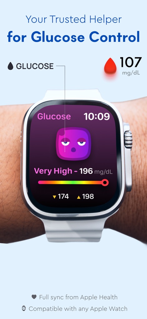 GluHealth: Blood Sugar Test AI - See how the app provides instant glucose readings directly on the Apple Watch and clearly displays the current blood sugar level with a visual indicator.