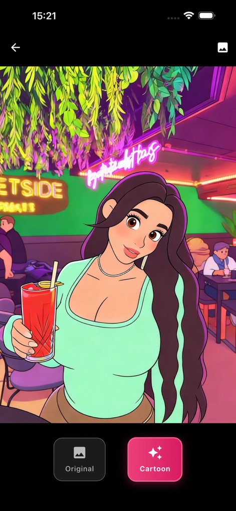 Desira - - This screenshot highlights the vibrant, finalized cartoon transformation, allowing users to effortlessly switch back to the 'Original' photo or view the 'Cartoon' result.