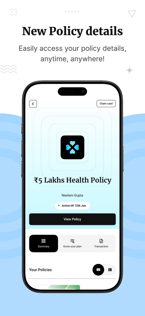 Policybazaar - Buy Insurance - The app provides a detailed policy summary card for individual policies and intuitive navigation tabs for deeper insights into plan specifics and transactions.