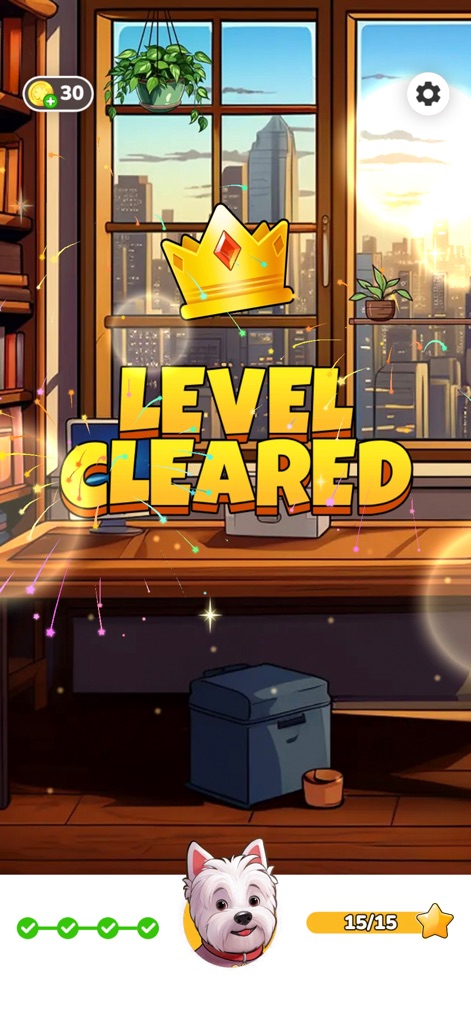 Tidy Master: Hidden Objects - The app celebrates success with a dazzling "Level Cleared" display, rewarding players with progress shown on Daisy's achievement tracker and gleaming stars.