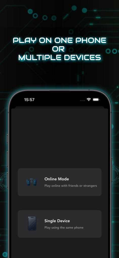 Imposter Party™ Word Game - The app offers versatile play options, allowing users to choose between 'Online Mode' for remote play and 'Single Device' for in-person gaming.