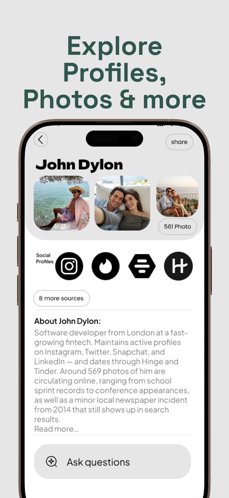 Deepcheck - AI Search - The app centralizes comprehensive profiles, allowing users to effortlessly navigate aggregated social media links and detailed biographical summaries.