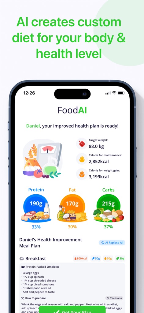 Calorie Tracker・Diet: Food AI - このアプリは、ユーザーの目標体重と維持カロリーの表示を基に、詳細なレシピと健康効果を含む個別化された食事プランをAIが自動生成します。