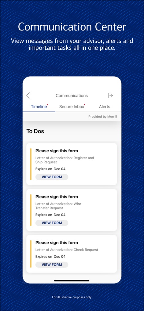 MyMerrill - Discover the unified communication center, featuring a chronological timeline of tasks and a secure inbox for seamless message exchange with their advisor.