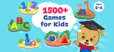 Kids Learning Games: Toddlers - La aplicación presenta un vasto universo de 'más de 1500 juegos para niños' con el personaje de Bimi Boo luciendo un gorro de graduación, prometiendo una aventura de aprendizaje completa.