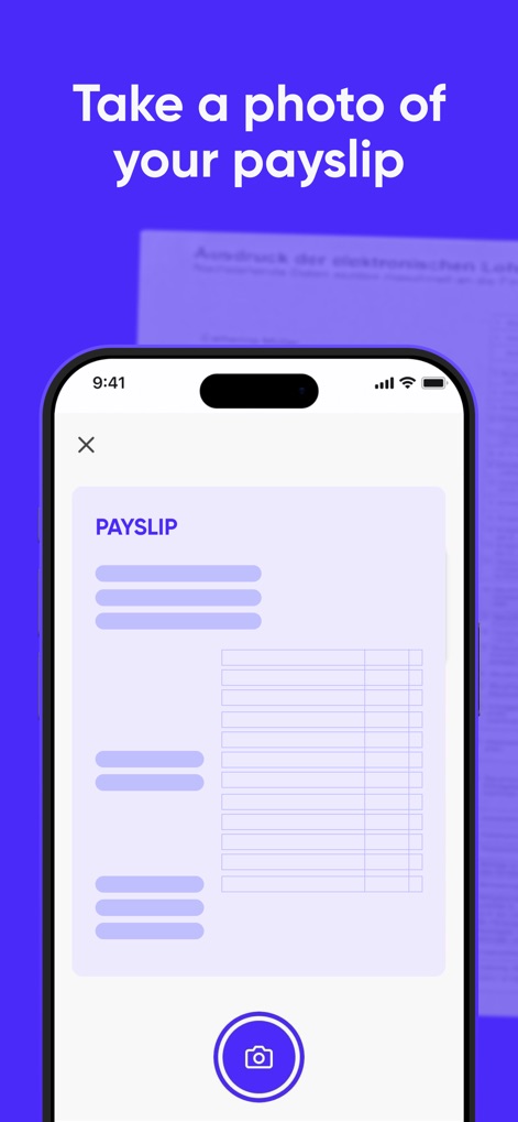 Steuerbot – Your Tax-App - Users can effortlessly digitize documents by utilizing the integrated camera feature and a clear "Payslip" template for data extraction.