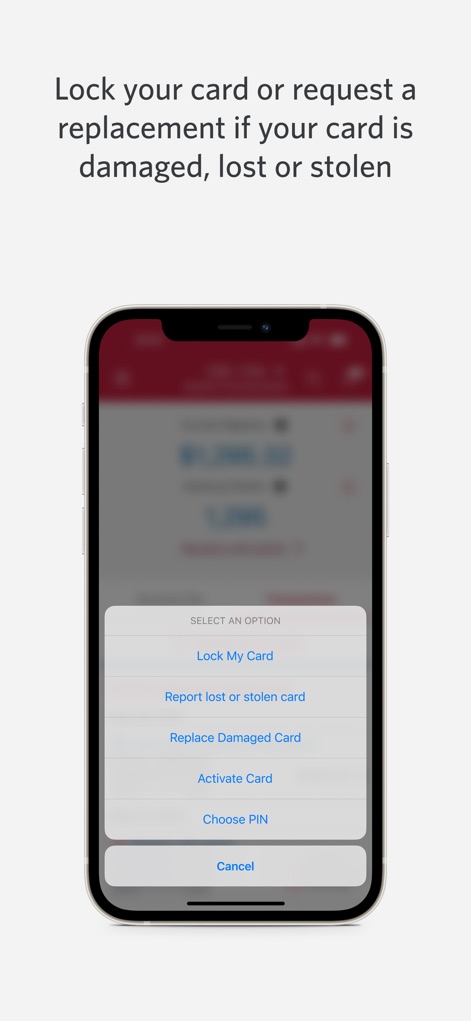 CIBC Mobile Banking - This interface provides critical 'Card Management Controls' through an overlay menu, allowing users to quickly 'Lock My Card' or 'Replace Damaged Card'.