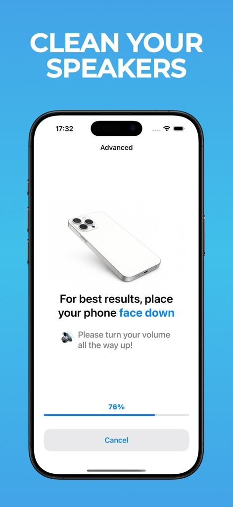 Water Eject · - Cette capture montre les instructions détaillées "place your phone face down" pour un nettoyage efficace et la progression du processus via la barre d'avancement.