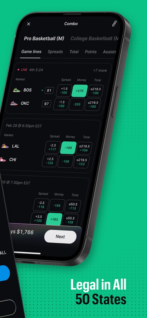 Kalshi: Trade News & Sports - La aplicación presenta diversas pestañas como "Game lines" y "Spreads" para diferentes tipos de apuestas en baloncesto profesional y universitario, con una clara indicación de "Legal in All 50 States".