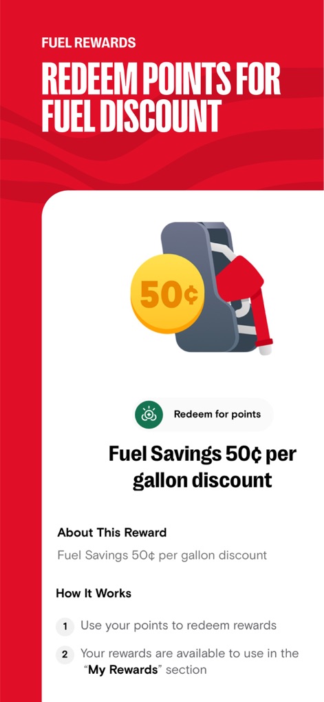 Speedway: Rewards & Shopping - See how the app allows users to "REDEEM POINTS FOR FUEL DISCOUNT" with a prominent display of the "50¢ per gallon discount" and clear instructions on how it works.