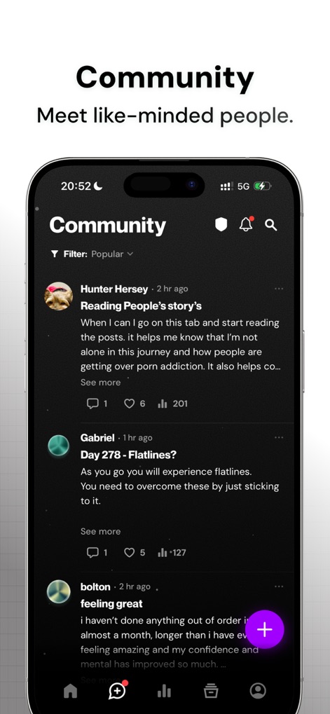 QUITTR - Break Free Now - Discover how the app fosters connection through a vibrant "Community" feed where users share "stories" and engage with others' "posts."