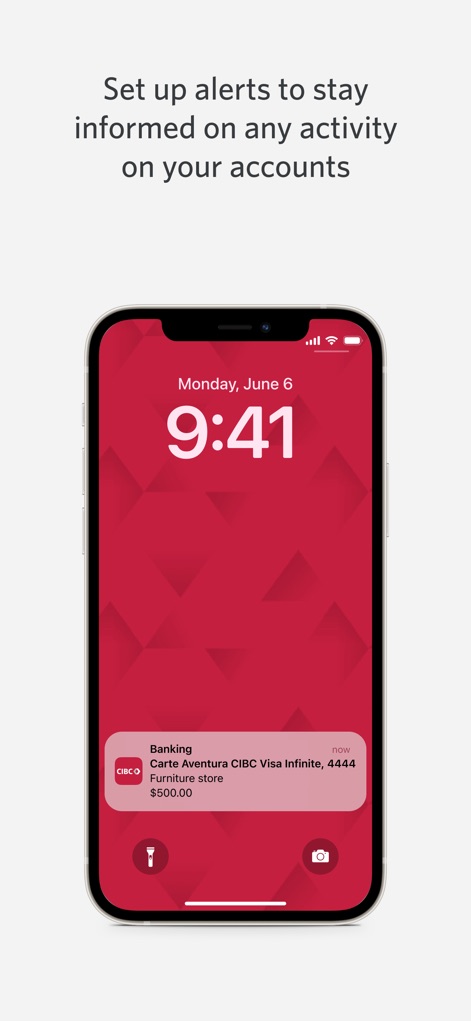 CIBC Mobile Banking - The app ensures users stay informed with 'push notifications' delivered directly to the lock screen, clearly showing details like the 'transaction amount' and originating card.