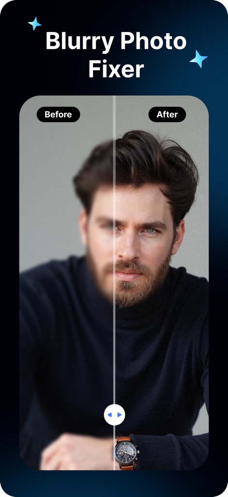 Topz AI: Photo Video Enhancer - O 'Blurry Photo Fixer' é exibido, mostrando a capacidade do aplicativo de "corrigir fotos desfocadas" e restaurar a "clareza e os detalhes" da imagem original.