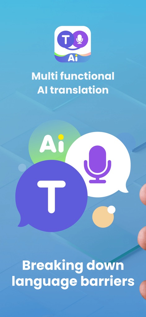 Translate Ease - Die App präsentiert ihr intuitives Design mit dem Logo, das ein 'T' und ein Mikrofon vereint, während Sprechblasen die multifunktionale KI-Übersetzung hervorheben.