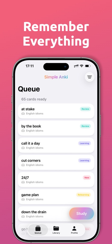 Azri - Flashcard App - See how Azri intelligently queues cards by status (Review, Learning, New) and provides a prominent 'Study' button to begin learning instantly.