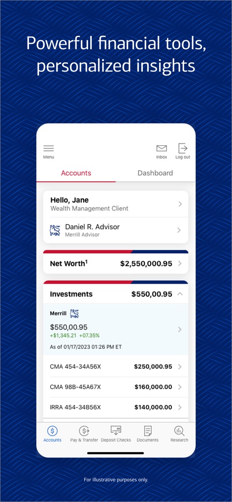 MyMerrill - Explore the personalized dashboard, showcasing the user's total net worth and individual investment accounts, directly alongside their dedicated Merrill advisor's contact.