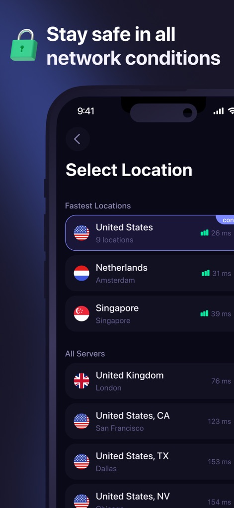 World VPN: Secure & Good Speed - Discover the intuitive 'Select Location' interface, allowing users to choose from 'Fastest Locations' like the United States or browse 'All Servers' with real-time ping metrics for informed decisions.