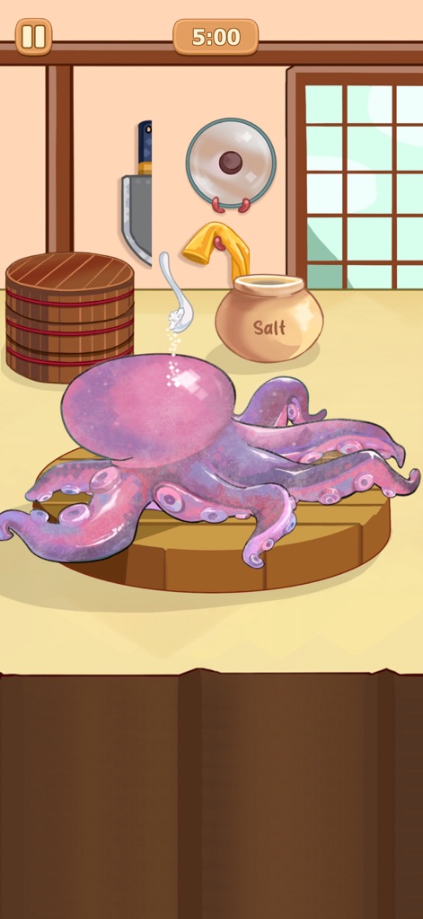 Cookzii: Cozy Cooking ASMR - Experience the detailed preparation of diverse ingredients, such as salting a large octopus on a wooden cutting board, all within the charming handcrafted kitchen setting featuring a traditional salt jar.