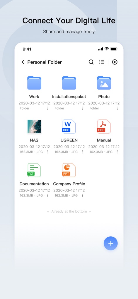 UGREEN NAS - Gli utenti possono organizzare i propri dati con cartelle come "Personal Folder" e vari tipi di "file" visualizzati, beneficiando di funzionalità di ricerca e categorizzazione intelligenti.
