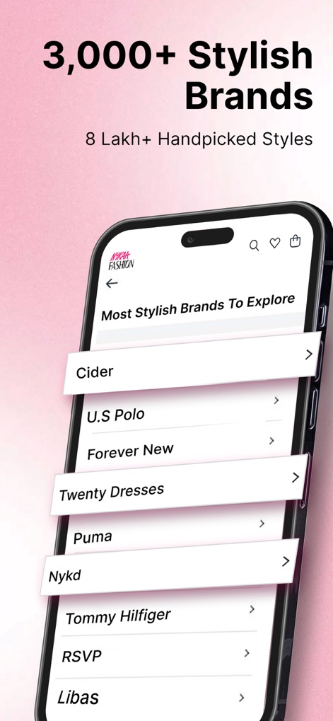 Nykaa Fashion - Shopping App - Die App stellt eine beeindruckende Auswahl von über 3.000 stilvollen Marken und Hunderttausenden von handverlesenen Styles vor, übersichtlich präsentiert in einer scrollbaren Liste beliebter Marken.