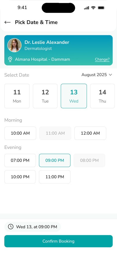 Almana | المانع - Nutzer können hier mühelos einen Termin buchen, indem sie das gewünschte Datum aus der Kalenderansicht auswählen und aus den verfügbaren Zeitslots für den Arzt wählen.
