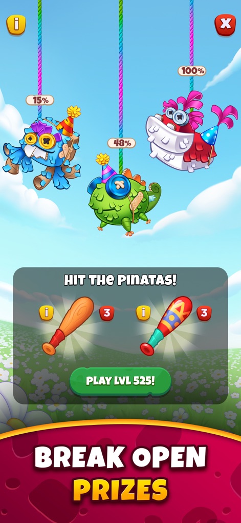 Best Fiends - Match 3 Puzzles - Uncover the daily reward mechanic involving piñatas with varying completion percentages and the available bat choices to break them.
