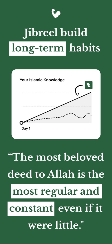 Jibreel: Learn Islam App - Die App veranschaulicht den Wissenszuwachs durch eine klare Fortschrittsgrafik und motiviert mit einem inspirierenden Hadith-Zitat zur Beständigkeit.