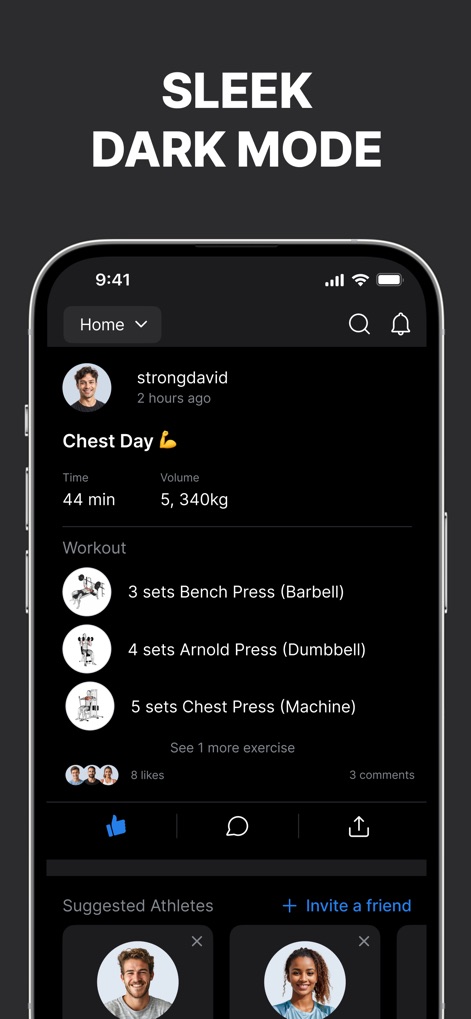 Hevy - Workout Tracker Gym Log - Experience the app's refined "Sleek Dark Mode," transforming the social feed with its sophisticated black background and white text elements.