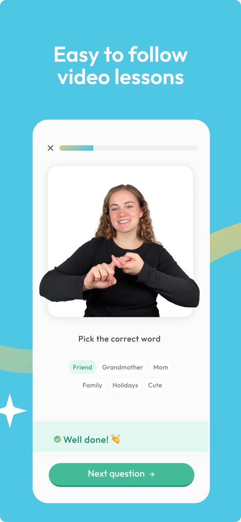 ASL Bloom - Sign Language - Observe how the app uses detailed video demonstrations and interactive quizzes like "Pick the correct word" to reinforce understanding of signs.