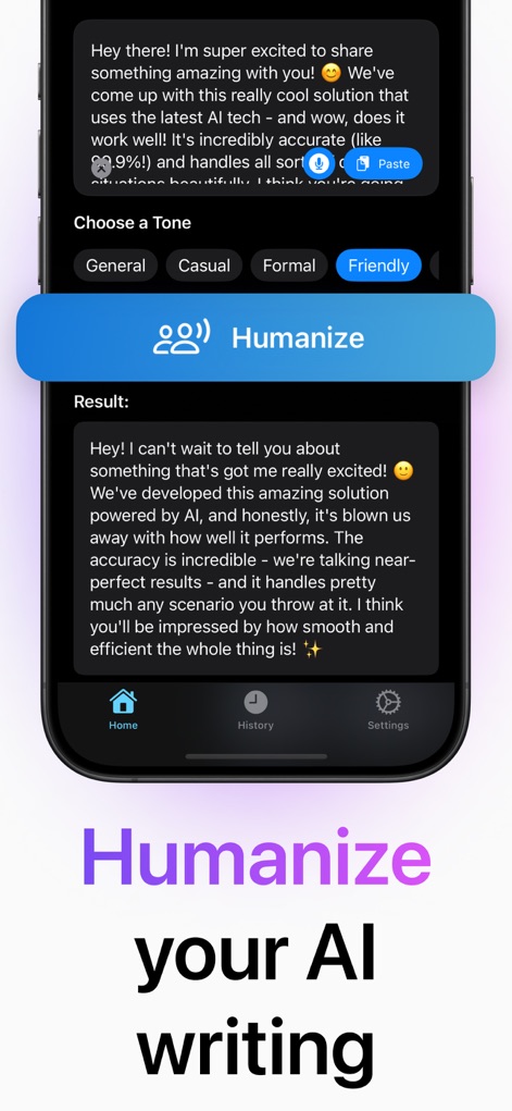 Humanize AI: Paraphrase Tools - La schermata illustra il processo di umanizzazione del testo, permettendo agli utenti di scegliere tra "Toni disponibili" come 'Friendly', e mostra chiaramente la trasformazione da un "Testo di input" generato dall'AI a un output più naturale e scorrevole.