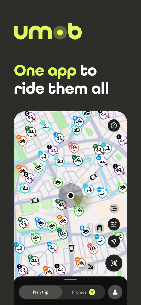 umob – all rides in one app - This tool displays a diverse array of transport options, including bikes and public transport icons, on a single, intuitive map.
