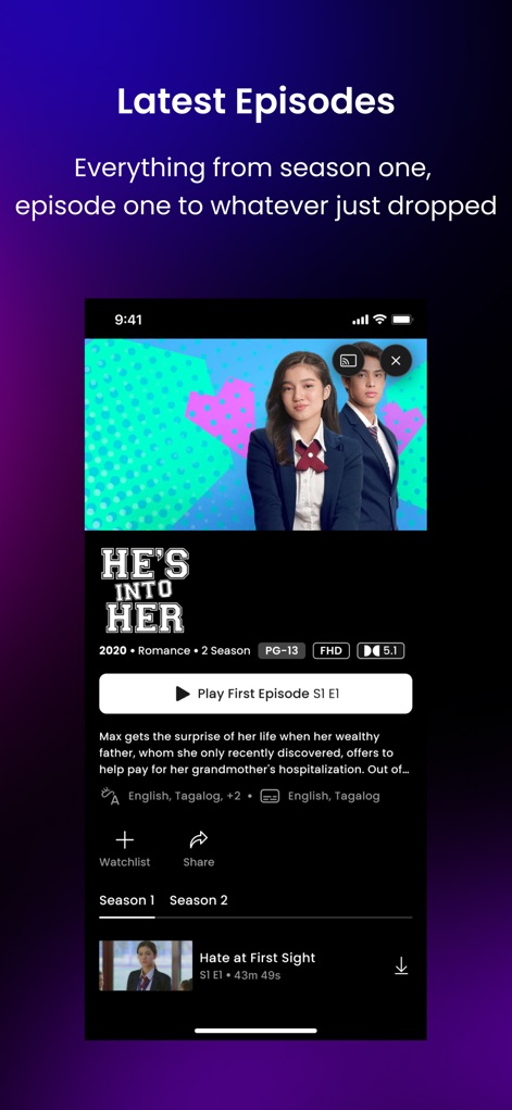 iWantTFC - The app provides comprehensive episode details including a 'Play First Episode' button and clear season navigation for binge-watching.
