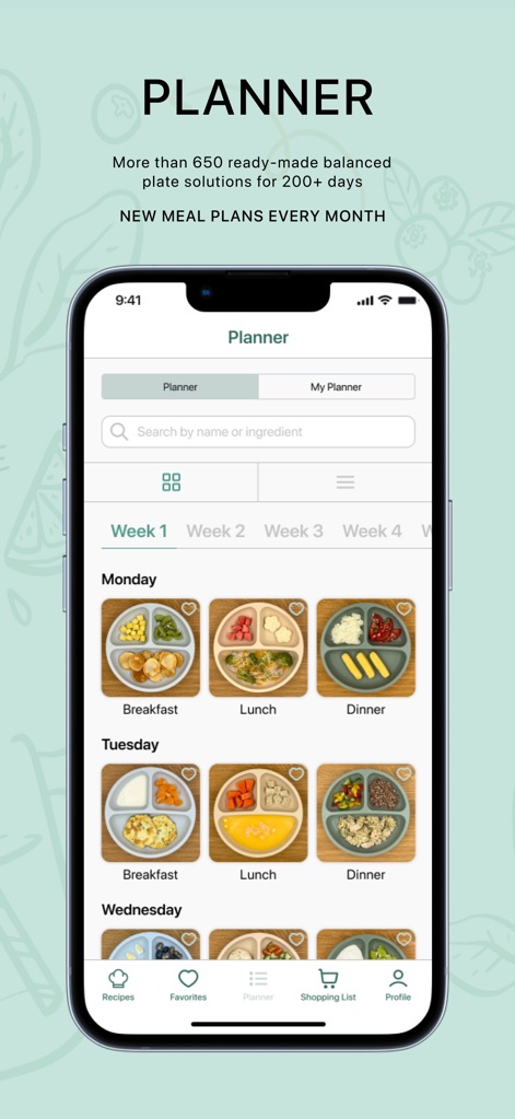 Baby Plates - Die App bietet eine klare Wochenübersicht mit vorgefertigten, ausgewogenen Essensplänen, die visuell ansprechende Mahlzeitenbilder präsentieren.